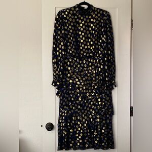 SALONI Blue and Gold Sheath Isa Ruffle Dress